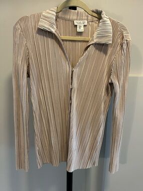 Rachel Zoe Metallic Taupe Pleated Long-Sleeve Button-Up Top Size M